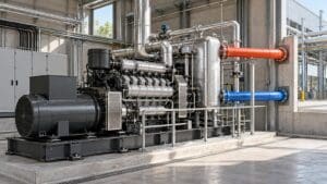 Kojenerasyonu temsil eden motor jeneratör grubu ile ısı geri kazanım eşanjörü ve fabrikaya uzanan sıcak su boruları