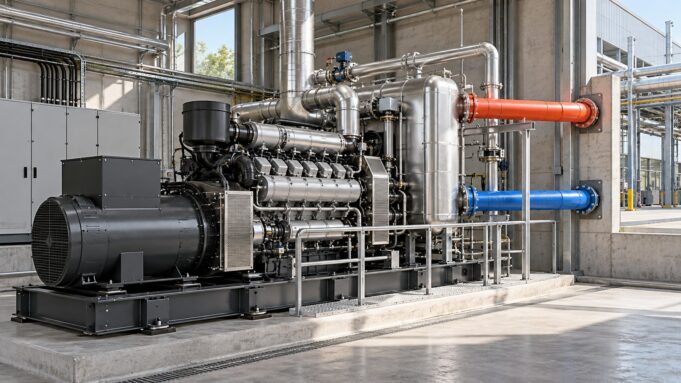 Kojenerasyonda elektrik ve ısı üretimi Kojenerasyonu temsil eden motor jeneratör grubu ile ısı geri kazanım eşanjörü ve fabrikaya uzanan sıcak su boruları
