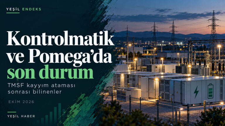 Kontrolmatik’e TMSF kayyım atandığı bildirildi: Pomega hakkında bilinenler Kontrolmatik ve Pomega hakkında TMSF kayyım ataması haberini konu alan, enerji depolama sistemleri ve elektrik şebekesi temalı Yeşil Endeks görseli.