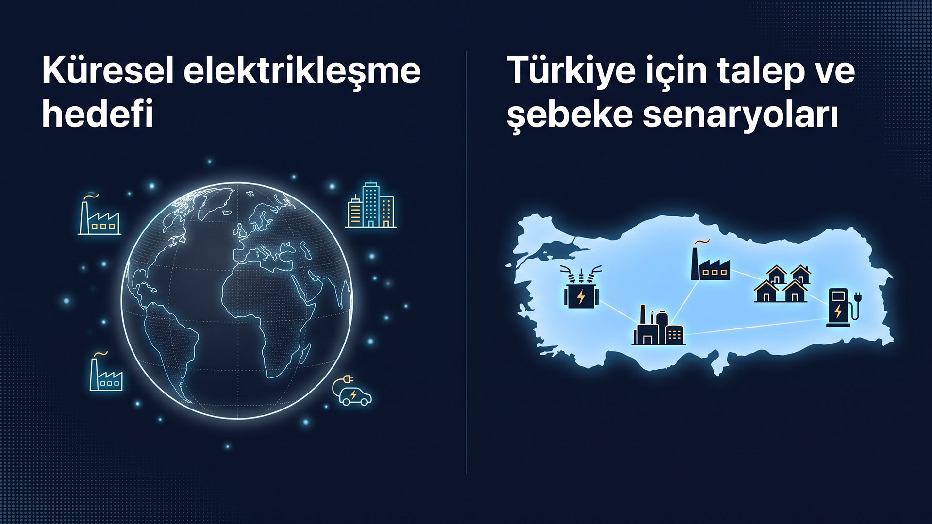 Küresel elektrikleşme hedefi ile Türkiye’nin elektrik talebi ve şebeke senaryolarını ayıran temsili illüstrasyon.