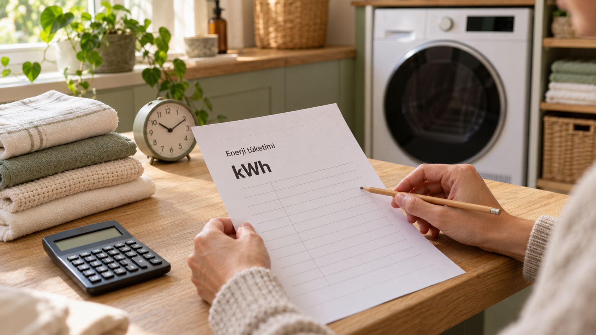 Kurutucu önünde enerji tüketimi notlarını inceleyen eller, hesap makinesi, saat ve katlanmış havlular.