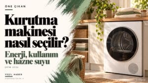 Kurutma makinesi nasıl seçilir? Enerji, kullanım ve hazne suyu Kurutma makinesi nasıl seçilir başlığı yanında ahşap tezgâh altında beyaz bir kurutucu ve katlanmış havlular.