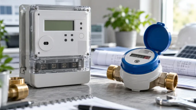 manas-enerji-su-sayaclari-temsili Enerji ve su ölçümünü temsil eden elektrik ve su sayaçları; yapay zekâ ile üretilmiş temsili görsel.