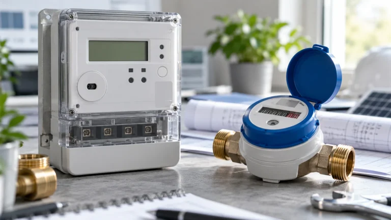 Enerji ve su ölçümünü temsil eden elektrik ve su sayaçları; yapay zekâ ile üretilmiş temsili görsel.
