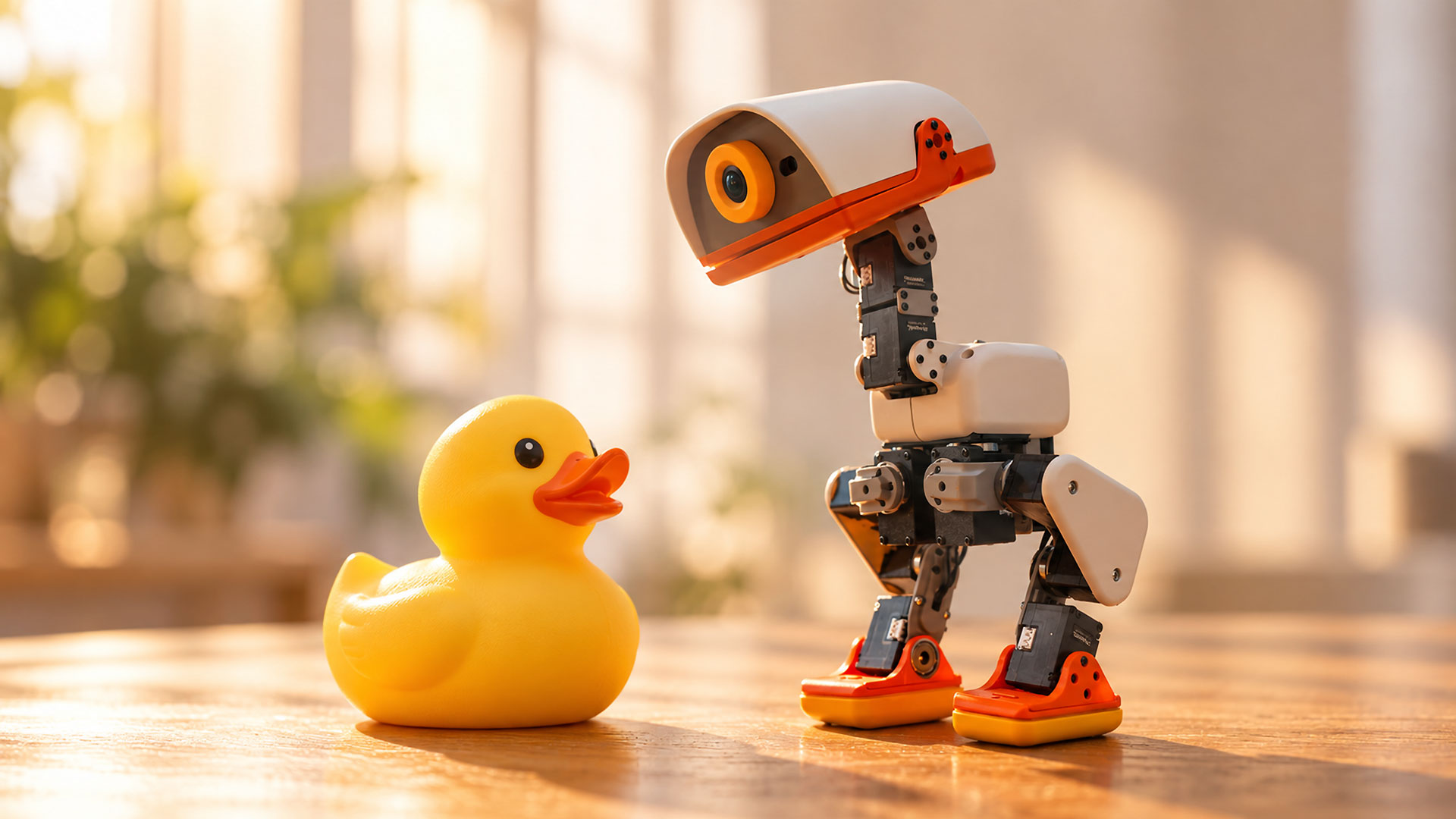 Ahşap masa üzerinde sarı banyo ördeği ile yan yana duran Microduck robotu