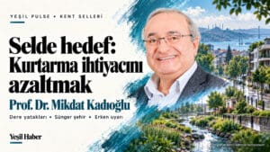 Prof. Dr. Mikdat Kadıoğlu portresi ve kent seli riskini azaltmayı anlatan temsili İstanbul kompozisyonu.