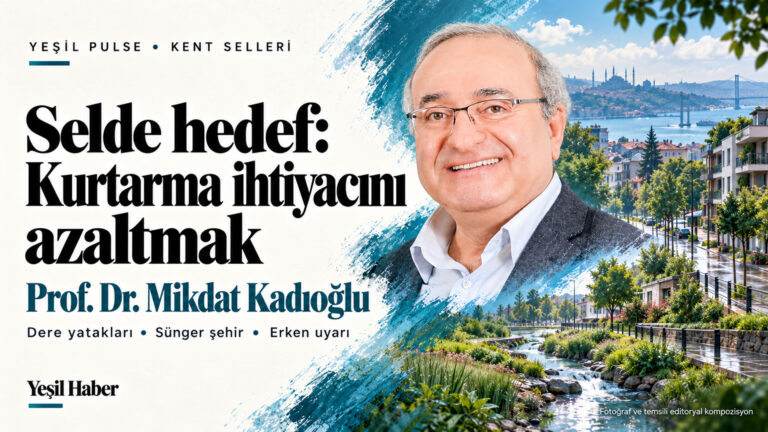 Mikdat Kadıoğlu: Selde hedef, kurtarma ihtiyacını baştan azaltmak Prof. Dr. Mikdat Kadıoğlu portresi ve kent seli riskini azaltmayı anlatan temsili İstanbul kompozisyonu.