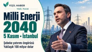 Milli Enerji 2040 vizyonu 5 Kasım’da İstanbul’da açıklanacak Alparslan Bayraktar’ın portresi ve elektrik şebekesiyle Milli Enerji 2040 vizyonunun 5 Kasım İstanbul lansmanını anlatan editoryal illüstrasyon.