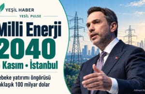 Alparslan Bayraktar’ın portresi ve elektrik şebekesiyle Milli Enerji 2040 vizyonunun 5 Kasım İstanbul lansmanını anlatan editoryal illüstrasyon.