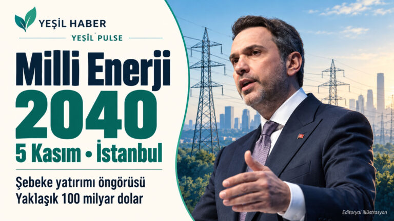 Milli Enerji 2040 vizyonu 5 Kasım’da İstanbul’da açıklanacak Alparslan Bayraktar’ın portresi ve elektrik şebekesiyle Milli Enerji 2040 vizyonunun 5 Kasım İstanbul lansmanını anlatan editoryal illüstrasyon.