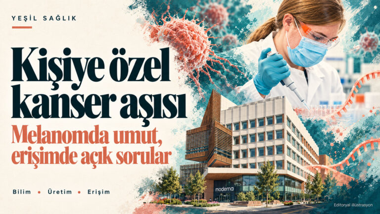 mRNA kanser aşısı: Melanomda umut, erişimde açık sorular Kişiye özel mRNA kanser aşısı için Moderna binası, laboratuvar araştırmacısı ve temsili kanser hücrelerini birleştiren kapak illüstrasyonu