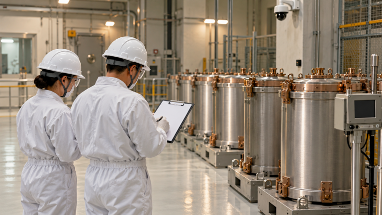 NDK, nükleer madde sayım programının içeriğini belirledi Koruyucu giysili iki teknik görevlinin kapalı metal kapların bulunduğu alanda envanter kaydı incelemesi; temsili illüstrasyon.