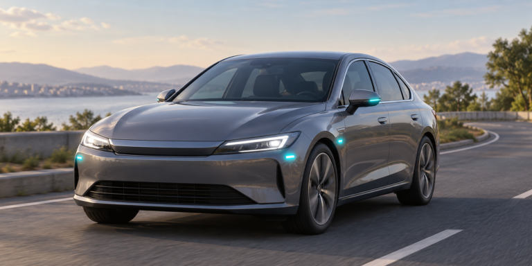 NHTSA’dan otonom araçlar için turkuaz ışık teklifi Önünde ve yanlarında küçük turkuaz işaret lambaları bulunan markasız otomobilin temsili görünümü
