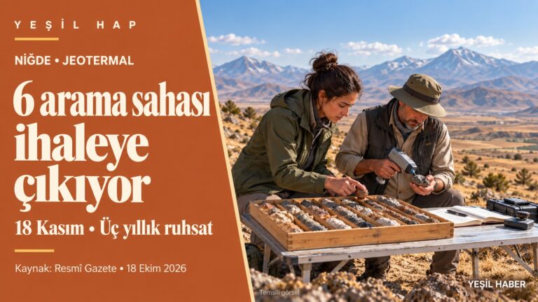 Niğde’de altı jeotermal arama sahasının 18 Kasım ihalesini anlatan, saha ekibi görselli Yeşil Hap kapağı.