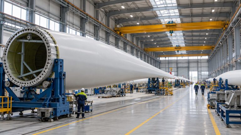 Nordex, Menemen’de yıl sonuna kadar 1.200 çalışana ulaşmayı hedefliyor Yapay zekayla oluşturulmuş temsili rüzgar türbini kanadı üretim sahnesi