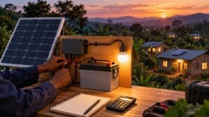 Şebekeden bağımsız güneşte finansmanın yüzde 70’i üç şirkette Küçük güneş paneli, kapalı batarya ve LED aydınlatmayla şebekeden bağımsız elektriği anlatan yapay zeka üretimi temsili sahne