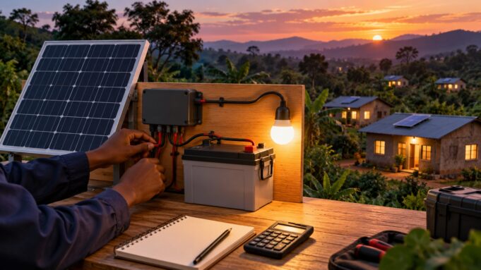 Şebekeden bağımsız güneş finansmanı, temsili yapay zeka görseli Küçük güneş paneli, kapalı batarya ve LED aydınlatmayla şebekeden bağımsız elektriği anlatan yapay zeka üretimi temsili sahne