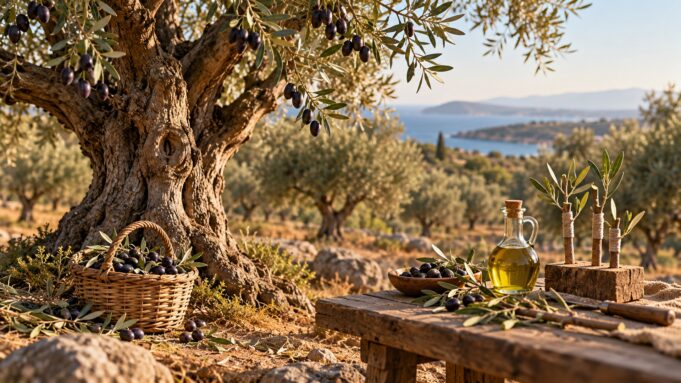 Orhanlı Erkence zeytin kültürü — temsili illüstrasyon Zeytin ağacı, hasat sepeti ve zeytinyağını gösteren yapay zekâ üretimi temsili illüstrasyon.