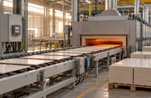 Özgül enerji tüketimini temsil eden seramik üretim hattında fırın, aynı boydaki karoları taşıyan bant, elektrik sayacı panosu ve paletlerde bitmiş ürünler