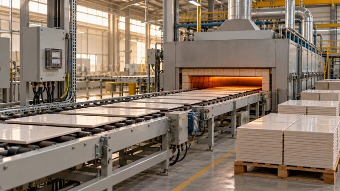 Özgül enerji tüketimi — seramik üretim hattı Özgül enerji tüketimini temsil eden seramik üretim hattında fırın, aynı boydaki karoları taşıyan bant, elektrik sayacı panosu ve paletlerde bitmiş ürünler