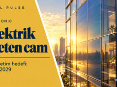 Panasonic, elektrik üreten camda seri üretim hedefini 2029’a çekti Panasonic elektrik üreten cam teknolojisini temsil eden güneş ışığı alan fotovoltaik bina cephesi.