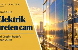 Panasonic elektrik üreten cam teknolojisini temsil eden güneş ışığı alan fotovoltaik bina cephesi.