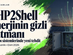 PHP2Shell alarmı: Enerji altyapısının görünmeyen katmanı ve yapay zekâ çağında güvenlik PHP2Shell başlığı yanında güneş santralinde açık duran izleme kabini ve veri akışını simgeleyen ışık çizgileri.