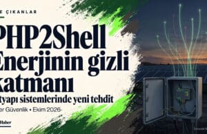 PHP2Shell başlığı yanında güneş santralinde açık duran izleme kabini ve veri akışını simgeleyen ışık çizgileri.