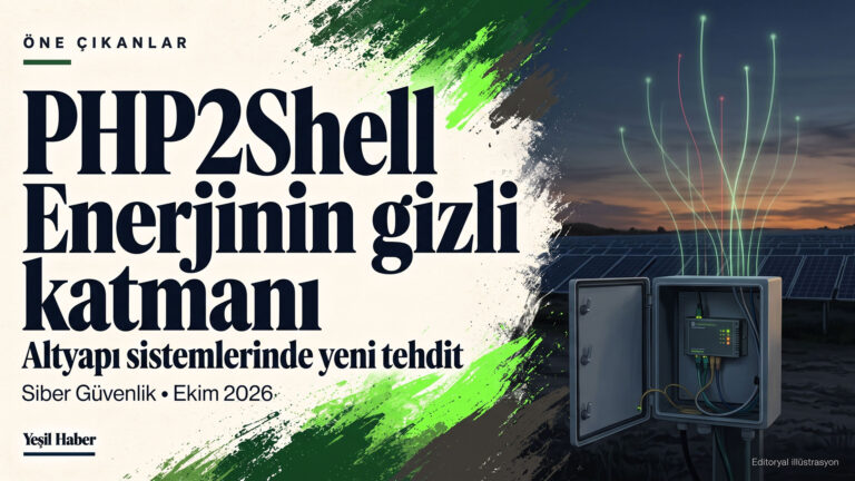 PHP2Shell başlığı yanında güneş santralinde açık duran izleme kabini ve veri akışını simgeleyen ışık çizgileri.