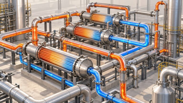 Pinç analizi nedir? 1.000 kW ısıda yüzde 40 hedef örneği Pinç analizinde sıcak ve soğuk akışların eşleştirilmesini temsil eden bağlantılı endüstriyel ısı eşanjörleri