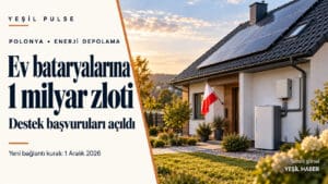 Polonya ev bataryası desteğini anlatan Yeşil Pulse görselinde güneş panelli ev, batarya ve invertör.