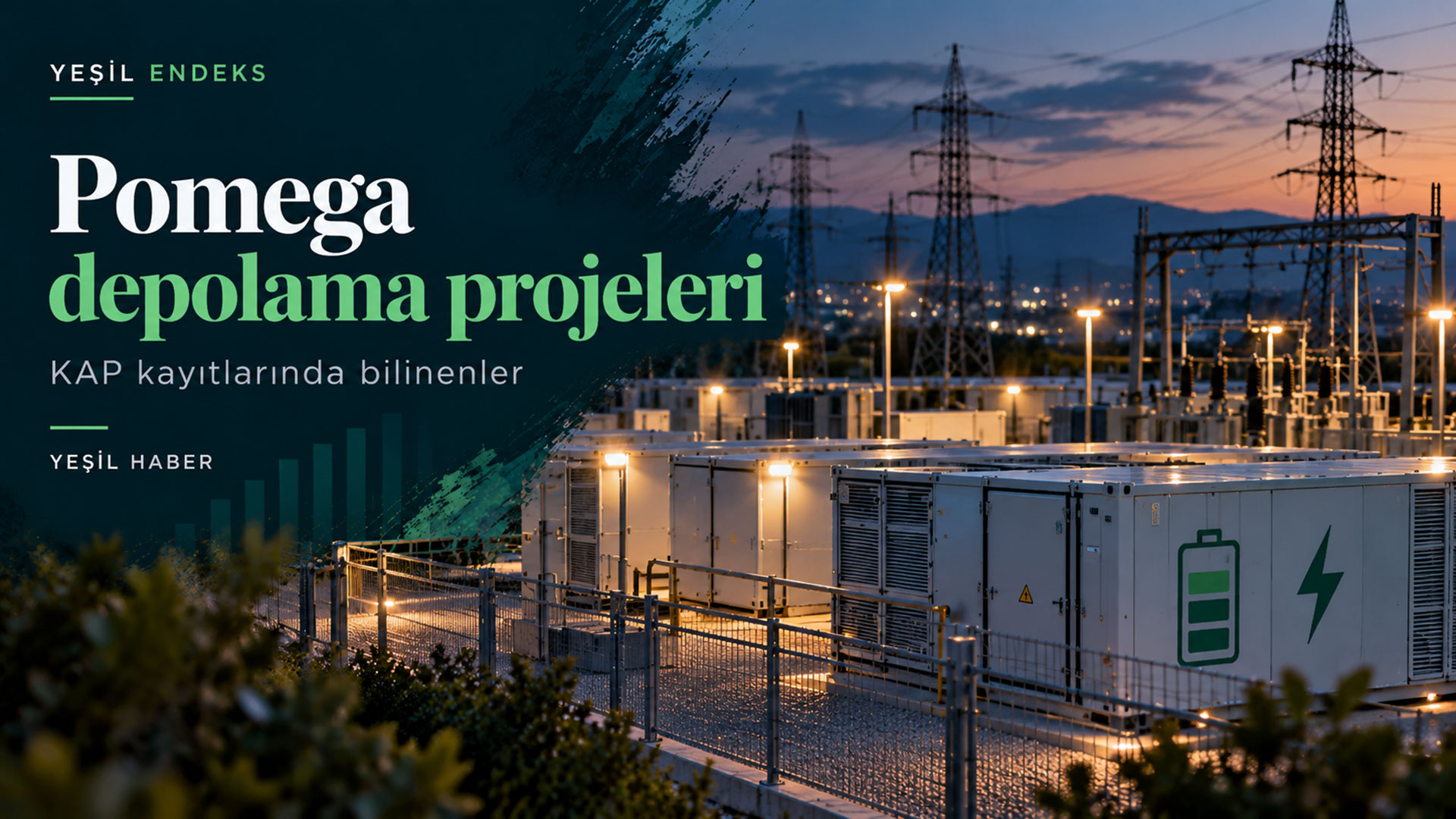 Pomega'nın enerji depolama projelerini temsil eden batarya konteynerleri, elektrik iletim hatları ve şebeke altyapısı illüstrasyonu.