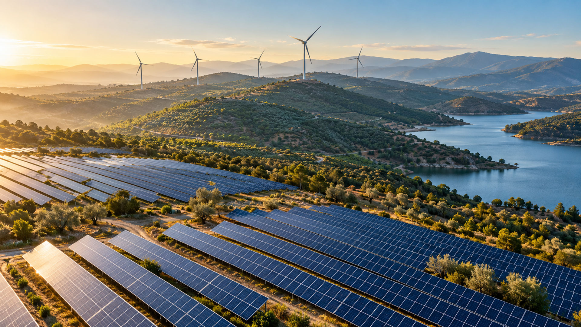 QNB Temiz Enerji Endeksi haberi için güneş panelleri ve rüzgar türbinlerini bir arada gösteren temsili enerji sahası.