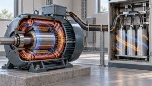 Reaktif güç nedir? 30 kW ve 50 kVA ile 40 kvar örneği Bir endüstriyel elektrik motoru ve kondansatör grubunun bakır bobinlerle birlikte temsili görünümü; reaktif güç alışverişini anlatan sade elektrik tesisi sahnesi.