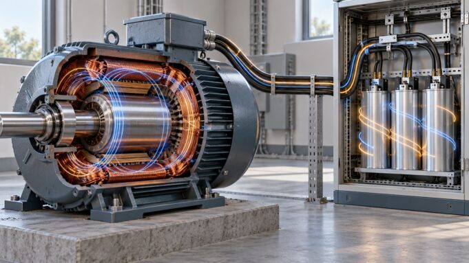 Reaktif güç için motor ve kondansatör grubu Bir endüstriyel elektrik motoru ve kondansatör grubunun bakır bobinlerle birlikte temsili görünümü; reaktif güç alışverişini anlatan sade elektrik tesisi sahnesi.