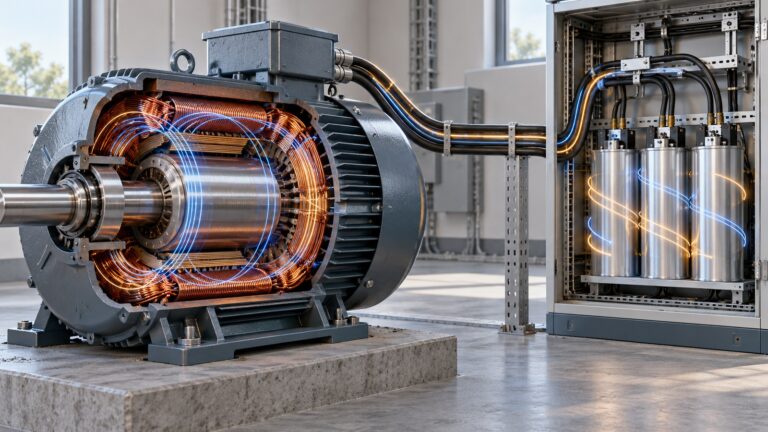 Reaktif güç nedir? 30 kW ve 50 kVA ile 40 kvar örneği Bir endüstriyel elektrik motoru ve kondansatör grubunun bakır bobinlerle birlikte temsili görünümü; reaktif güç alışverişini anlatan sade elektrik tesisi sahnesi.