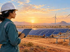 FMO’dan ReNew’e 100 milyon dolarlık enerji finansmanı Yapımı süren güneş panelleri ve rüzgar türbinleri önünde tablet kullanan kadın mühendis; temsili illüstrasyon.