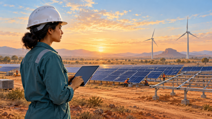 Hindistan’da yenilenebilir enerji yatırımı — temsili illüstrasyon Yapımı süren güneş panelleri ve rüzgar türbinleri önünde tablet kullanan kadın mühendis; temsili illüstrasyon.