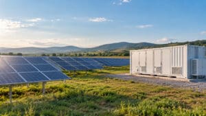 Güneş panellerinin yanında enerji depolama konteynerini gösteren temsili görsel