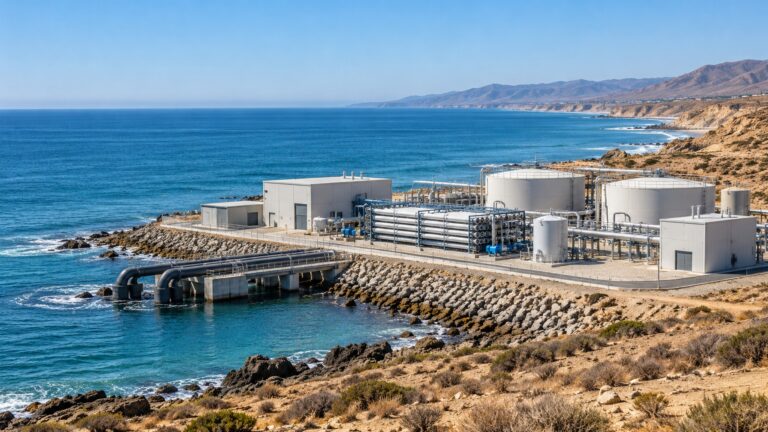 Rosarito’da saniyede 2.200 litre içme suyu kapasitesi planı Kıyıda tanklar, borular ve alçak yapılardan oluşan temsili deniz suyu arıtma altyapısı.