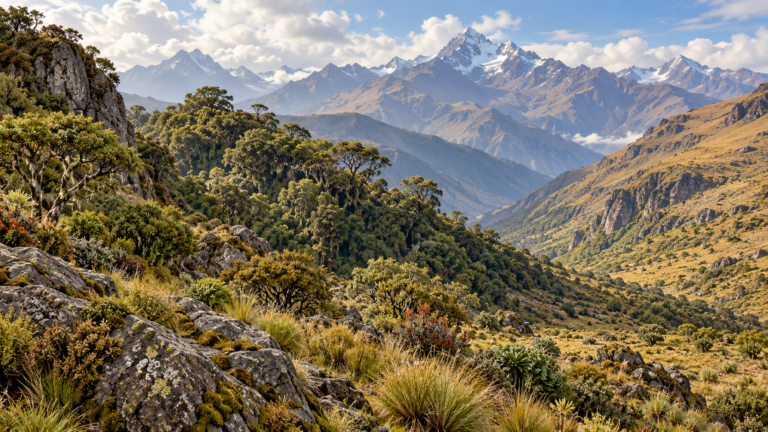 Peru Andları’nda yeni bitki türü: Salvia messii için koruma uyarısı And Dağları’ndaki orman parçaları ve çevresindeki çalılıkları betimleyen yapay zekâ üretimi temsili habitat illüstrasyonu; Salvia messii fotoğrafı değildir