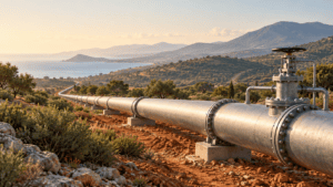 Açık arazide doğal gaz borusu ve vana düzeneğini gösteren temsili altyapı illüstrasyonu.