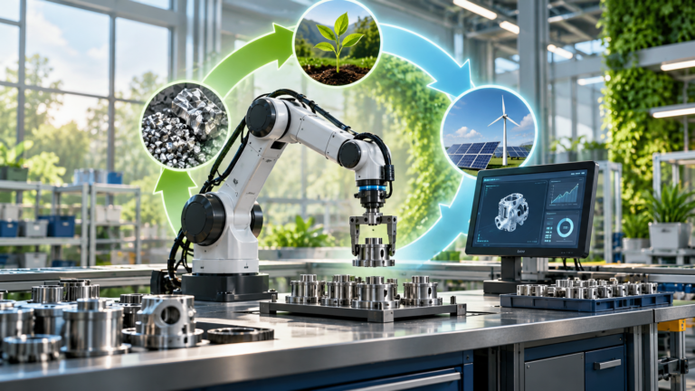 Robot kol, metal parçalar ve dijital kontrol ekranıyla sanayinin yeşil ve dijital dönüşümünü anlatan yapay zekâ ile oluşturulmuş temsili illüstrasyon