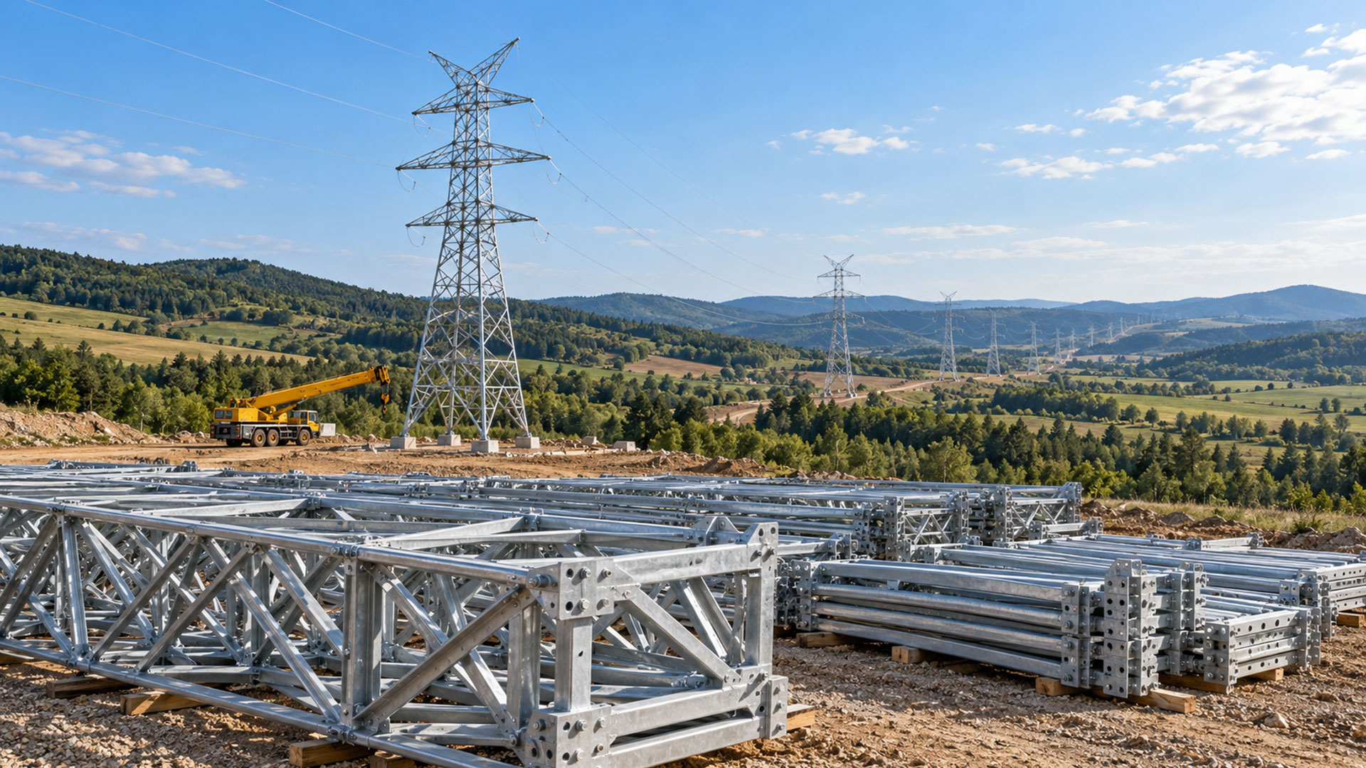 Yüksek gerilim hattı inşaatını temsil eden çelik direk parçaları, mobil vinç ve elektrik iletim direkleri.