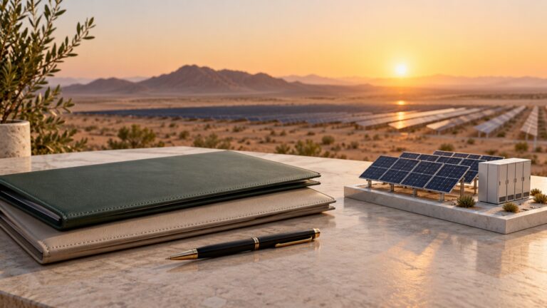 Scatec ve EBRD, Mısır için yenilenebilir enerji yatırım platformu kuruyor Yatırım dosyaları ve güneş enerjisi maketini gösteren yapay zekâ ile hazırlanmış temsili görsel