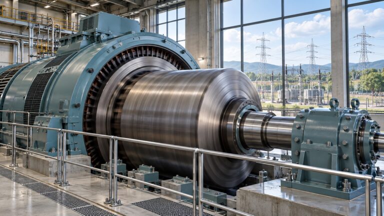 Şebeke ataletini temsil eden büyük senkron jeneratörün dönen çelik rotoru ve sabit gövdesi; makine salonunun pencereleri arkasında elektrik iletim hatları görülüyor.