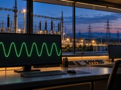 Şebeke frekansını temsil eden yeşil sinüs dalgasının izlendiği kontrol odası ve pencerelerin ardında elektrik iletim tesisi