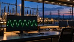 Şebeke frekansını temsil eden yeşil sinüs dalgasının izlendiği kontrol odası ve pencerelerin ardında elektrik iletim tesisi