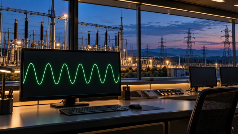 Şebeke frekansını temsil eden yeşil sinüs dalgasının izlendiği kontrol odası ve pencerelerin ardında elektrik iletim tesisi