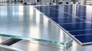 Güneş paneli hücrelerinin yanında duran desenli panel camını temsil eden yakın plan